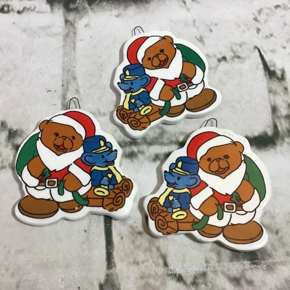 Christmas Ornaments Teddy Bears Snowmen Matching Lot Of 6 Flat Ceramic Approx 2